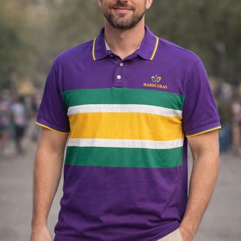 VTG Classic Mardi Graz Polo Shirt Mens 3XL Purple Green Gold Striped Embroidered